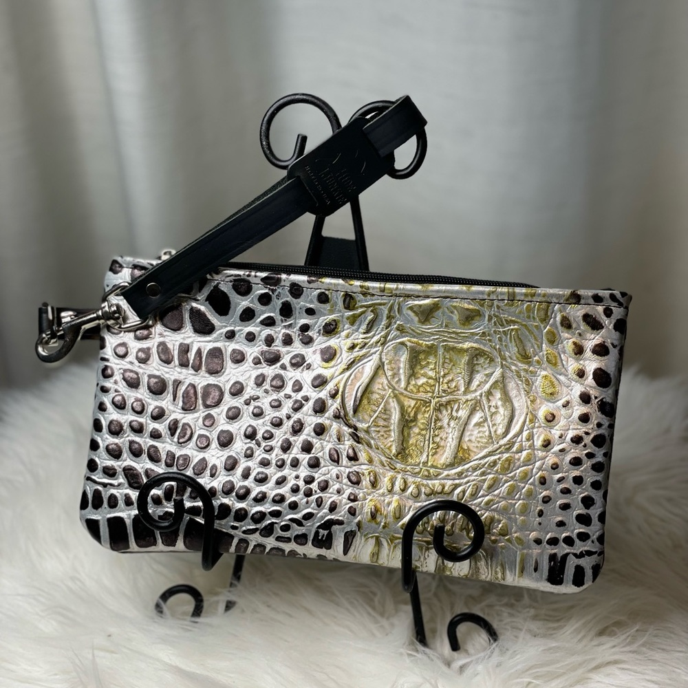 Cowhide Wristlet in a stunning alligator embossed print with golden shimmer